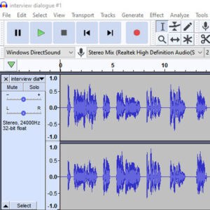 Screenshot of an audio editing program showing two tracks of a stereo audio waveform labeled “interview dialogue”; playback and editing controls are visible at the top.