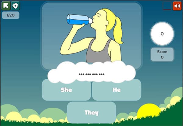 A cartoon woman with a ponytail drinks from a bottle. Below are three answer options in boxes: "She," "He," and "They." A score of zero is displayed on the right.