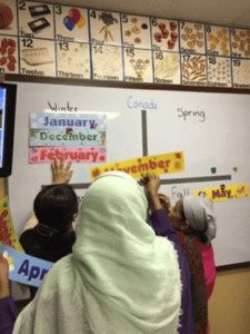 Three people arrange colorful month name cards on a whiteboard divided into the four seasons, under labels for Winter, Spring, Fall, and Summer, with “Canada” written at the top. Educational posters are visible above.