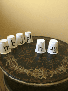 Six small white cups are upside down on a round table. Three cups are labeled "m," "b," and "jpl;" the other three cups are labeled "h," "u," and "g." The background is a plain beige wall.