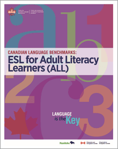 Cover of the “Canadian Language Benchmarks: ESL for Adult Literacy Learners (ALL)” guide, with large faded numbers and maple leaf graphics in the background, and the phrase “Language is the Key” at the bottom.