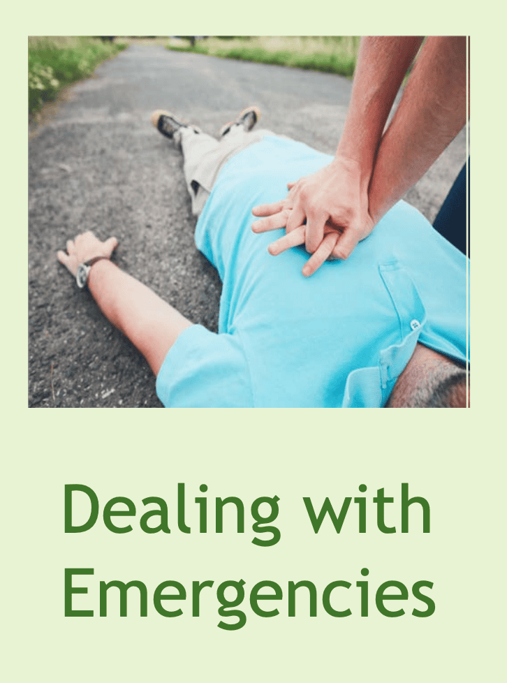 A person performing chest compressions on someone lying on the ground, demonstrating CPR, with the text "Dealing with Emergencies" below the image.