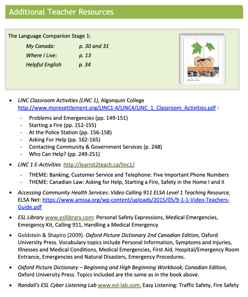 A screenshot of a resource list for teachers, titled "Additional Teacher Resources." It includes websites, activities, page references, and brief descriptions related to emergency preparedness and community skills.