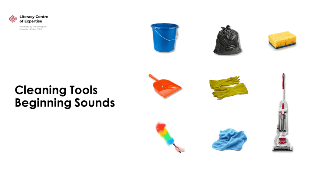 A set of cleaning tools from the Cleaning Module including a blue bucket, black garbage bag, yellow sponge, red dustpan, yellow gloves, vacuum cleaner, blue cloth, and colorful duster. Text reads: "Cleaning Tools Beginning Sounds.