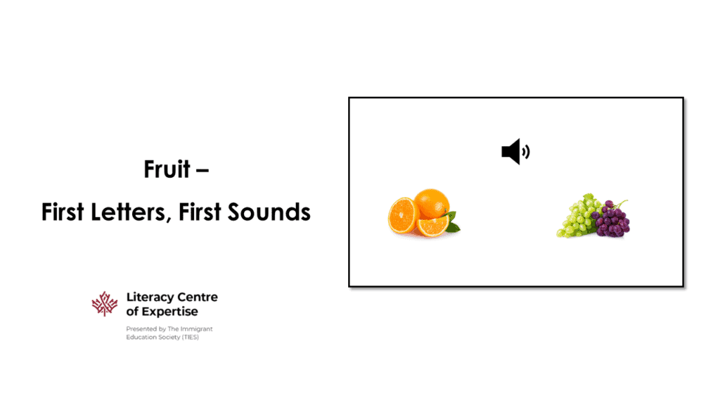 A slide titled "Fruit – First Letters, First Sounds" with images of oranges and grapes, a speaker icon indicating audio, and the Literacy Centre of Expertise logo at the bottom left.