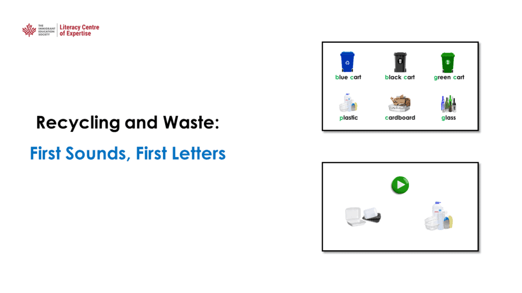 A slide titled "Recycling and Waste: First Sounds, First Letters" shows labeled images of recycling bins and materials, and a video thumbnail with waste items and a play button.