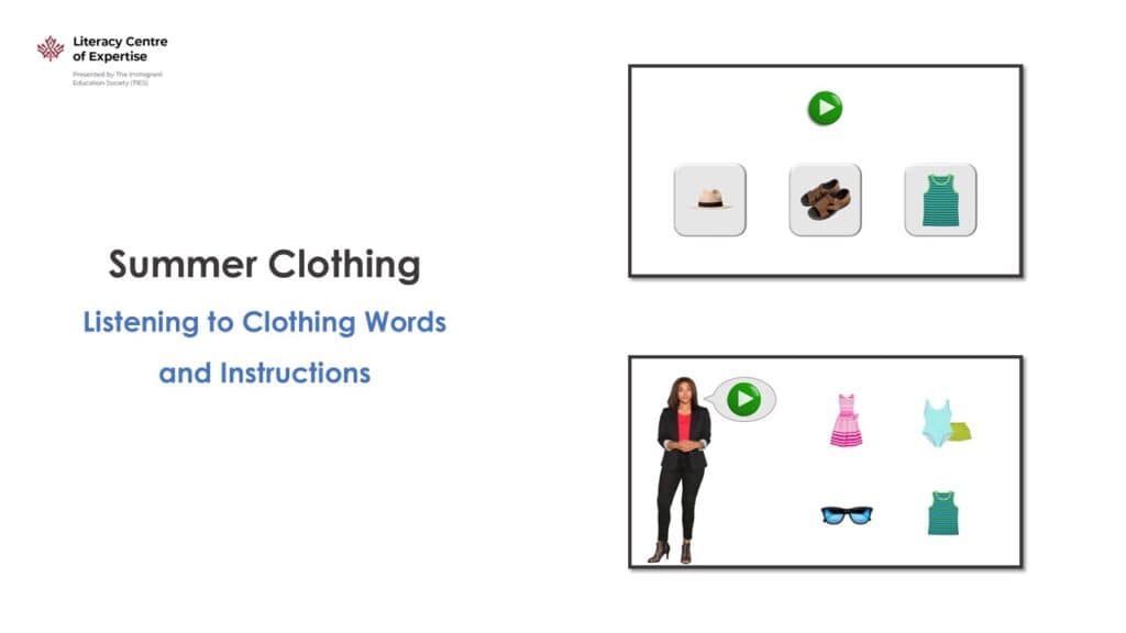 A slide titled "Summer Clothing" shows images of clothing items like sandals, a striped dress, a woman, sunglasses, and swimwear, with green play buttons for listening to words and instructions.