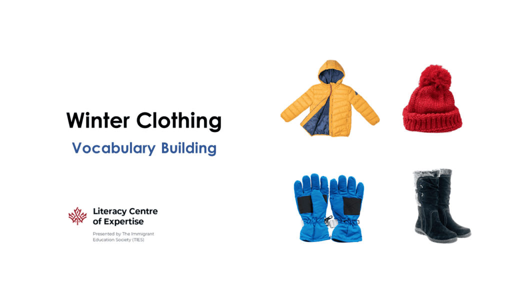 Winter Clothing Vocabulary Building. Images of a yellow jacket, red knit hat, blue gloves, and black winter boots.