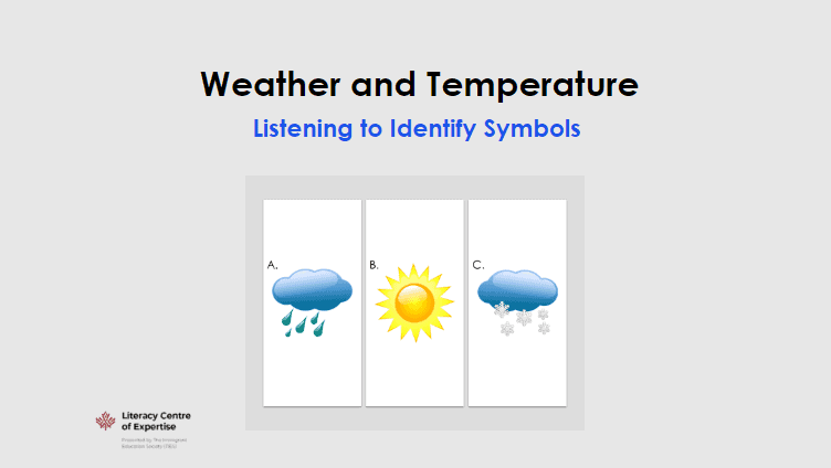 A slide titled "Weather and Temperature" shows three weather symbols: A for rain, B for sun, and C for snow with clouds. The subtitle reads, "Listening to Identify Symbols.