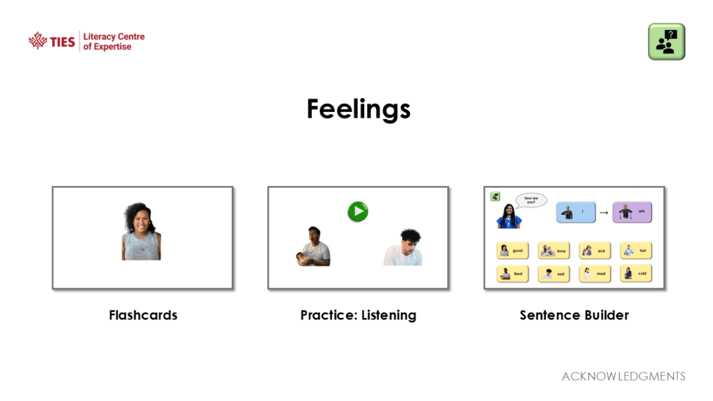 A slide titled “Feelings” shows three sections: Flashcards with a woman, Practice: Listening with two people and a play button, and Sentence Builder with images and words forming sentences.