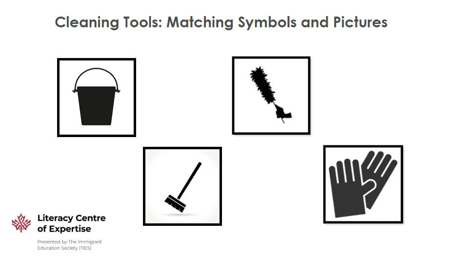 Four black and white icons show a bucket, a duster, a mop, and a pair of cleaning gloves. "Cleaning Module: Matching Symbols and Pictures" is written at the top. Literacy Centre of Expertise logo is at the bottom left.