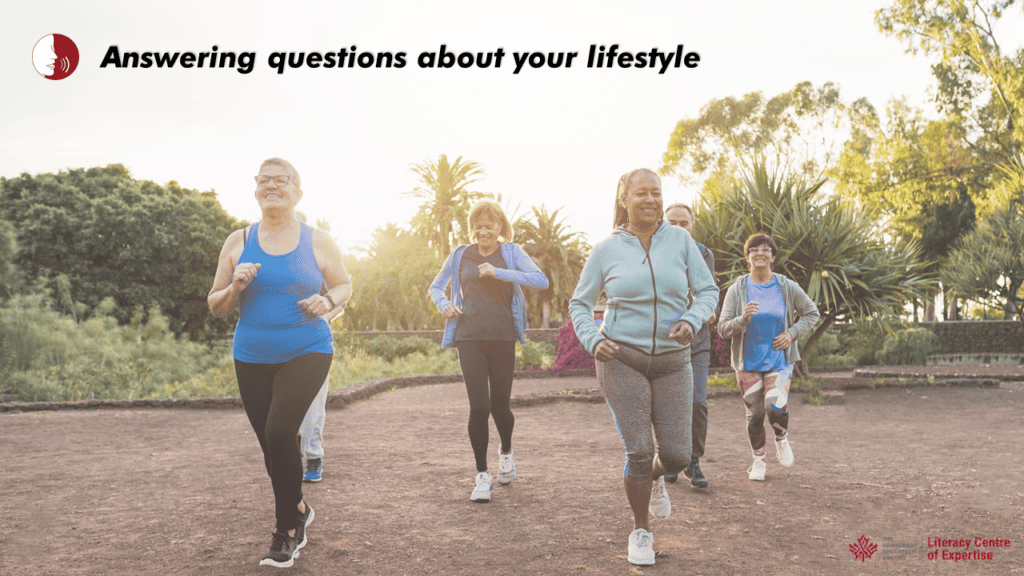 A group of older adults in athletic wear walk and jog together outdoors in a park, smiling and exercising under a sunny sky. Text at the top reads: "Answering questions about your lifestyle.