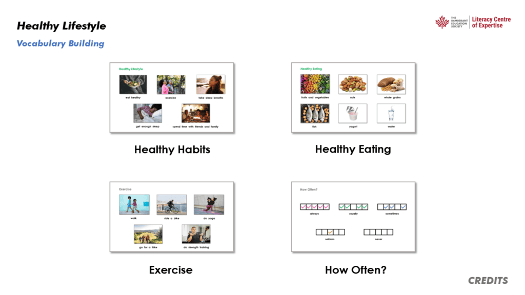 A slide titled "Healthy Lifestyle Vocabulary Building" shows four sections with labeled photos: healthy habits, healthy eating, exercise, and how often. Each section features images and words related to its topic.