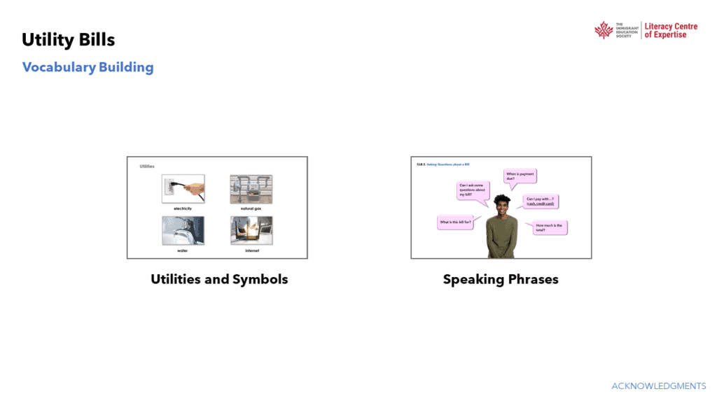 A slide titled "Utility Bills: Vocabulary Building" shows two sections: "Utilities and Symbols" with images of utility items, and "Speaking Phrases" with a person surrounded by speech bubbles featuring common phrases.