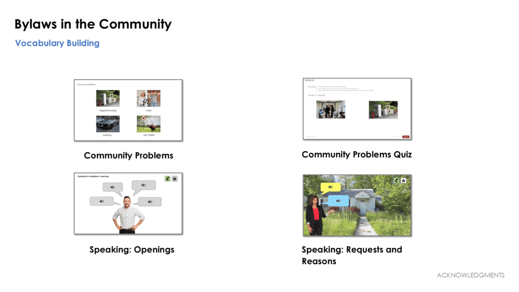 A slide titled "Bylaws in the Community – Vocabulary Building" shows four learning modules: Community Problems, Community Problems Quiz, Speaking: Openings, and Speaking: Requests and Reasons, each with a related image.