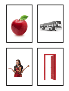 A collage of four images: a red apple, a white bus, a woman holding a wooden spoon, and a red door slightly open. Each image is framed with a black border on a white background—perfect for Adults Learn to Print resources.