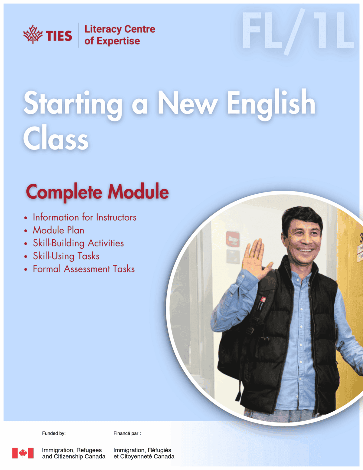 Cover of a module titled “Starting a New English Class,” featuring a smiling man with a backpack waving. The text lists module components and logos for TIES and Immigration, Refugees and Citizenship Canada.