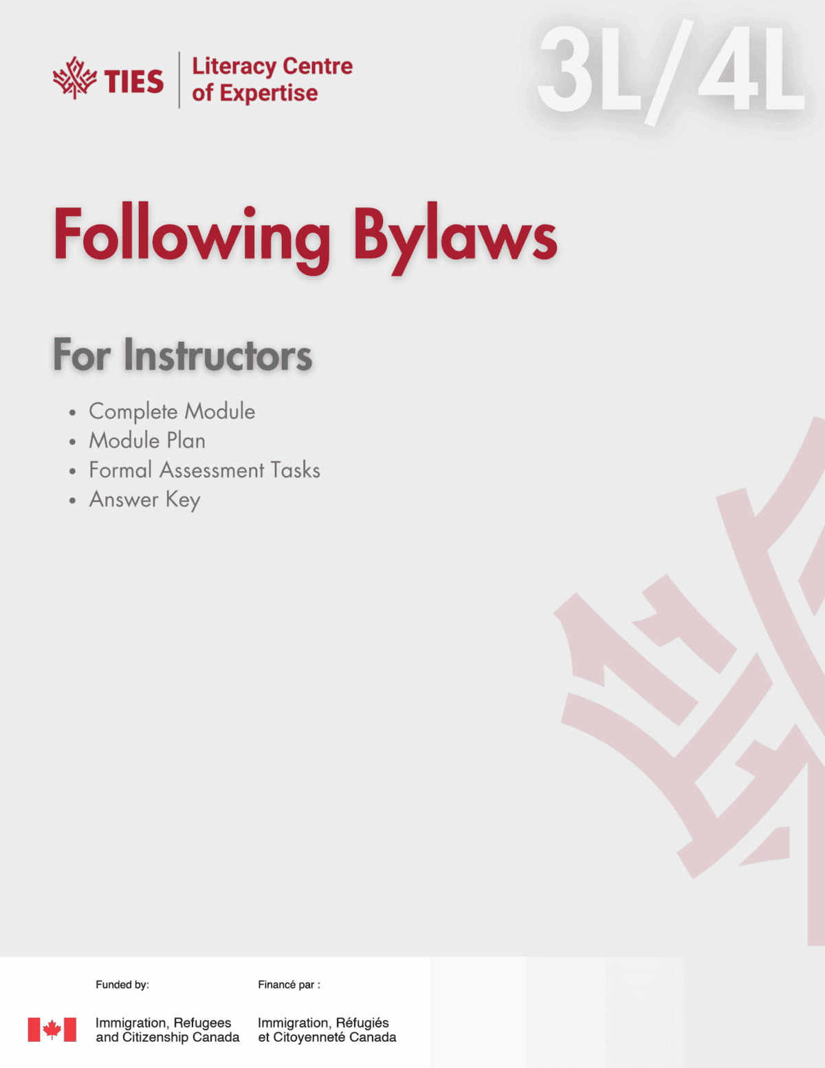 Cover page for "Following Bylaws For Instructors" module, 3L/4L level, by TIES Literacy Centre of Expertise. Includes module details, maple leaf graphic, and logos of Immigration, Refugees and Citizenship Canada.
