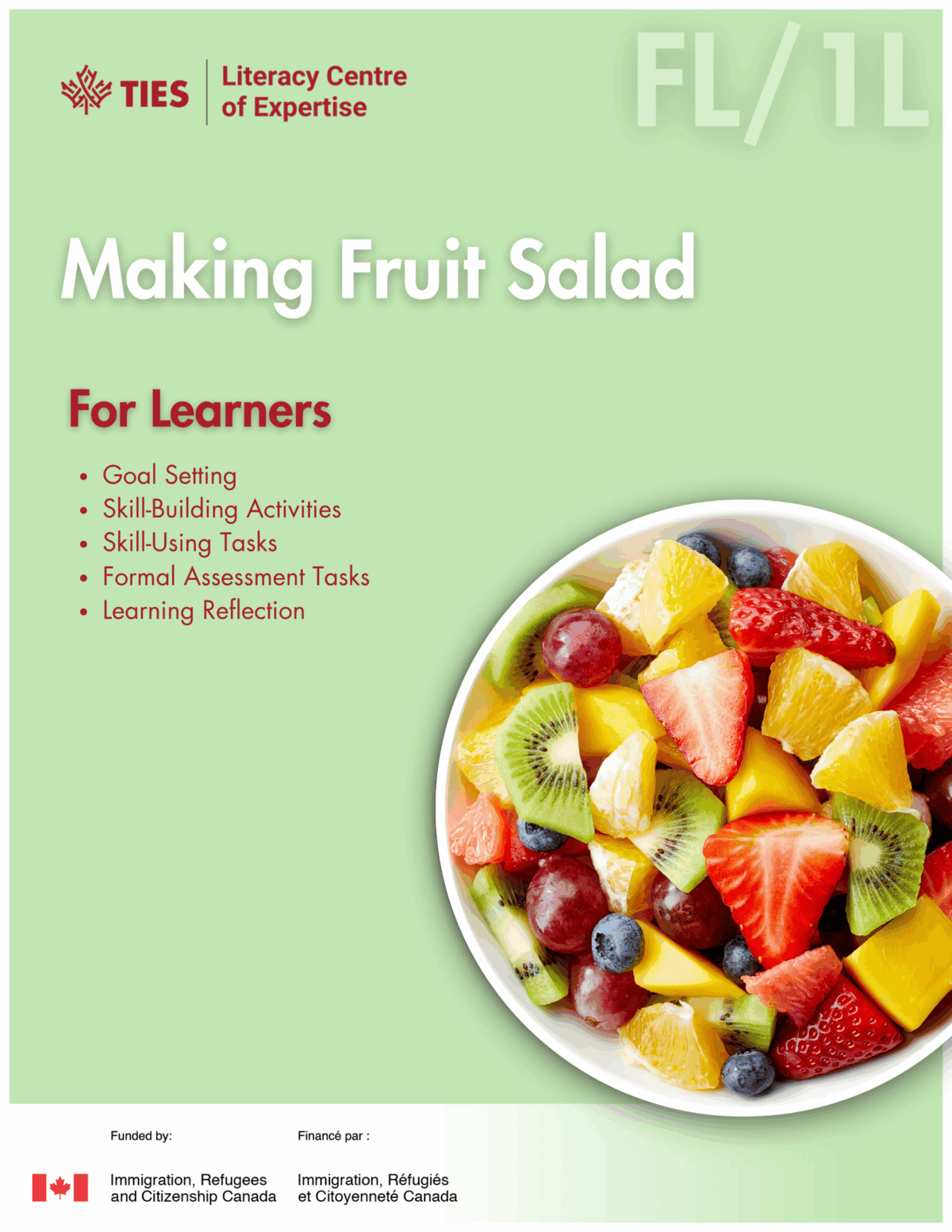 A colorful bowl of fruit salad with strawberries, kiwi, oranges, grapes, and pineapple on a green background. Text reads, “Making Fruit Salad – For Learners,” listing goals and activities for a learning program.