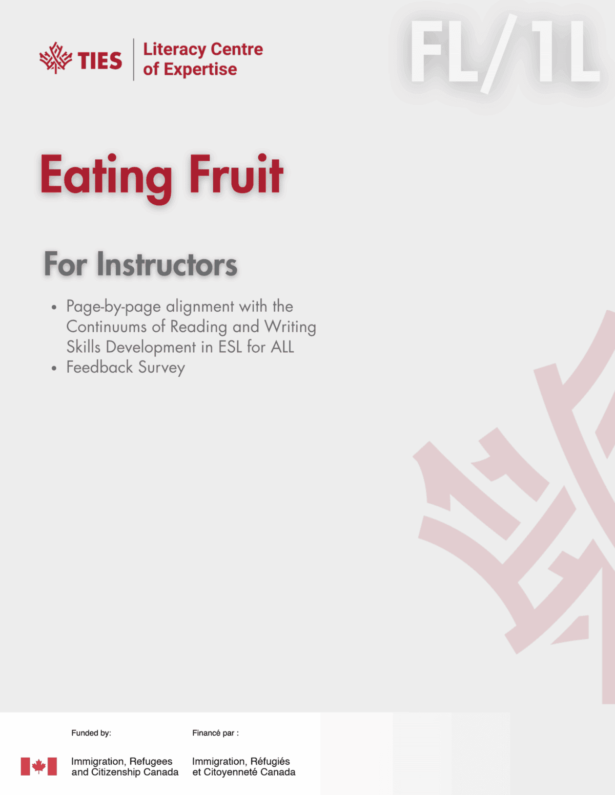 Cover page titled "Eating Fruit For Instructors" with TIES Literacy Centre of Expertise logo, ESL resources listed, and Canadian government logos at the bottom. Background features a faded maple leaf design.