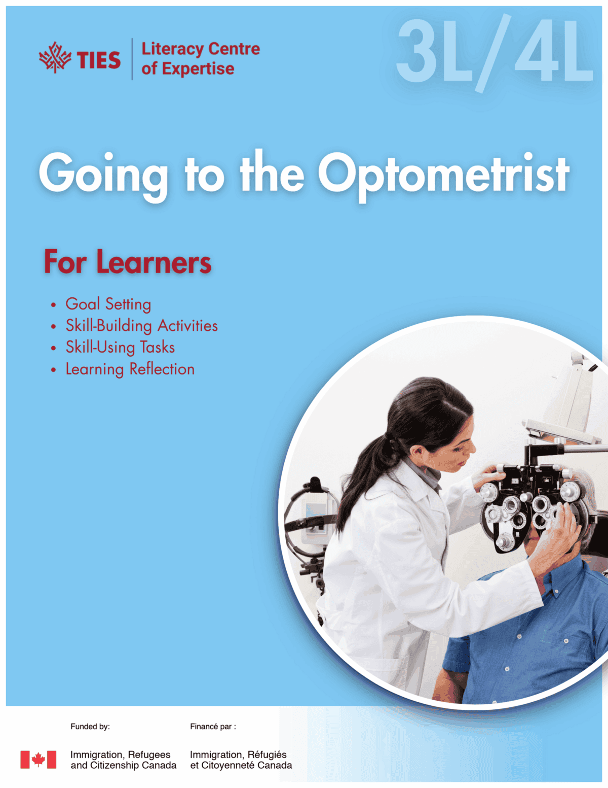 A female optometrist examines a young boy’s eyes using eye test equipment. The image is on the cover of a booklet titled "Going to the Optometrist For Learners" with educational goals listed.