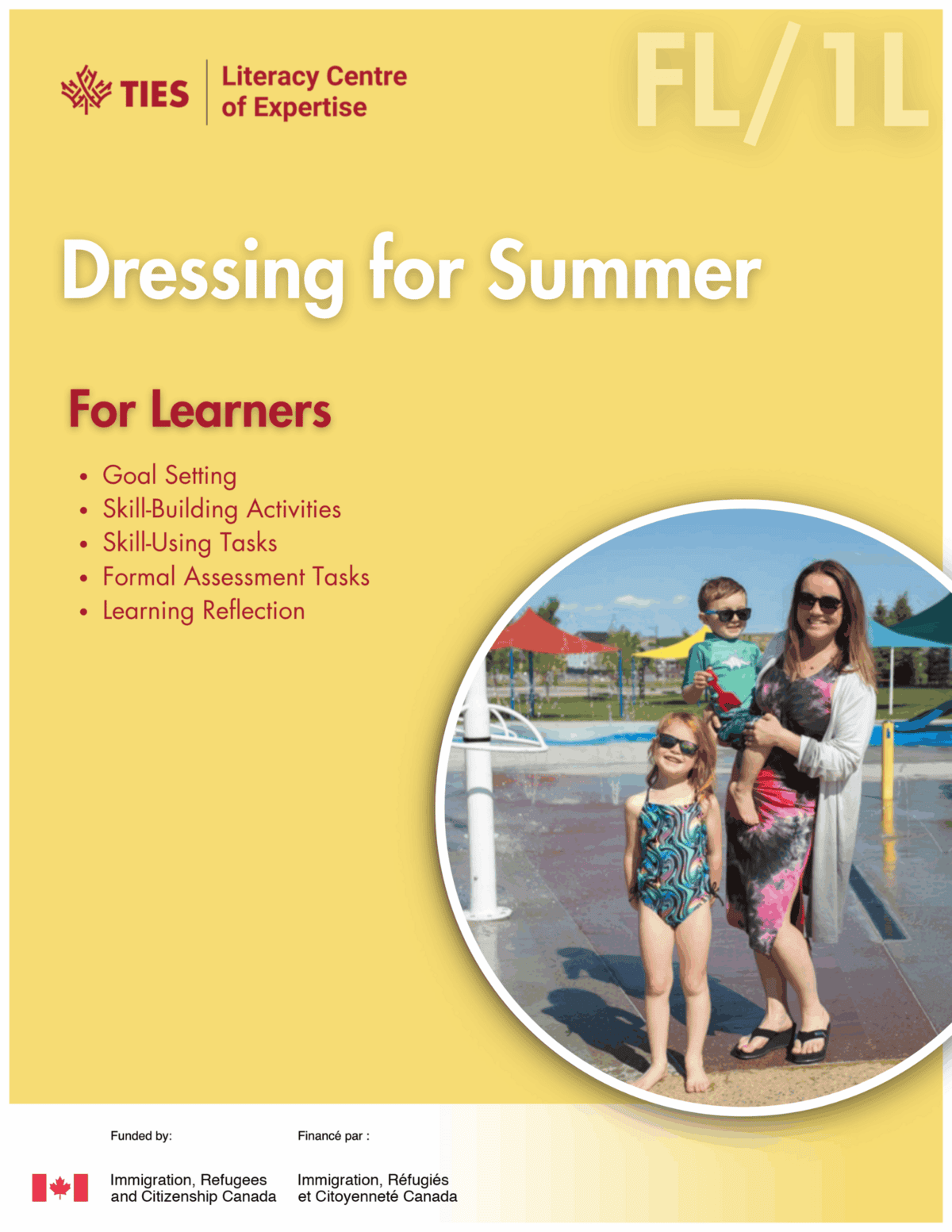 A woman and two children in summer clothes stand by an outdoor splash pad. The image is the cover of a booklet titled "Dressing for Summer," with learning goals listed and logos at the bottom.