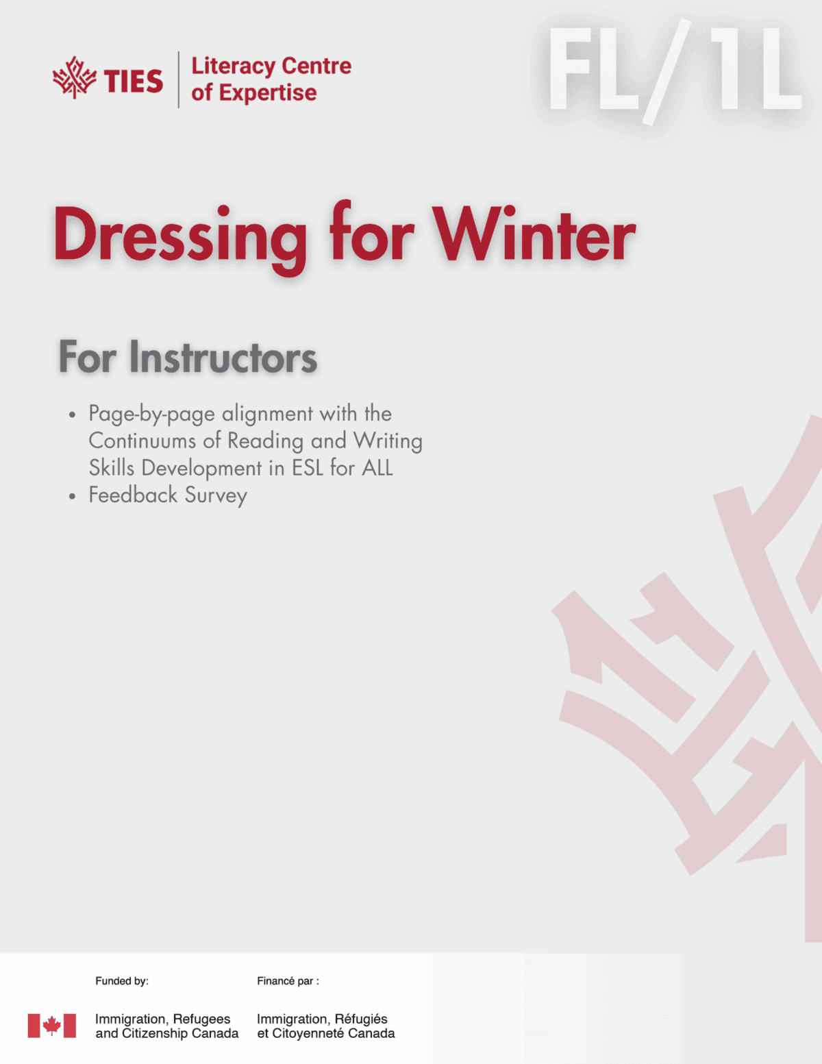 Cover page for an instructor guide titled "Dressing for Winter" by TIES Literacy Centre of Expertise. Includes bulleted points, a red maple leaf graphic, and logos for Immigration, Refugees and Citizenship Canada.