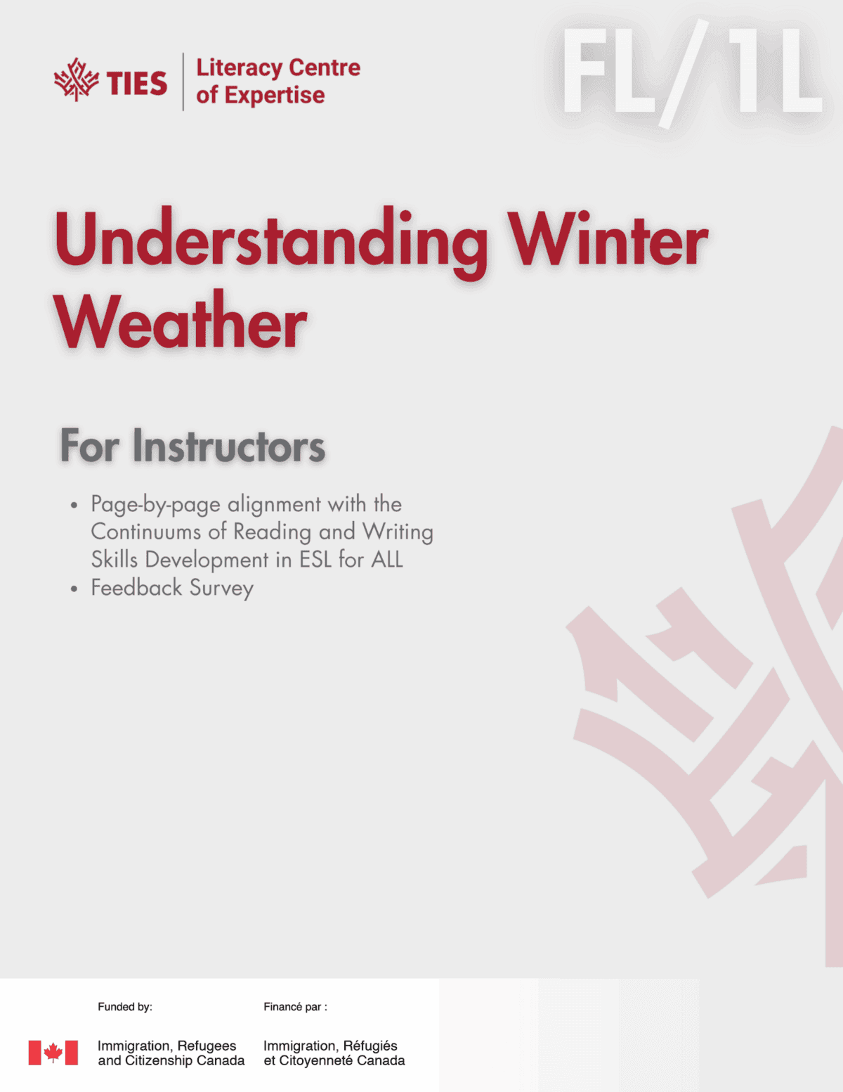 Cover page for “Understanding Winter Weather For Instructors” by TIES Literacy Centre of Expertise, featuring logos, a checklist of objectives, and a red winter-themed graphic background. Funded by Immigration, Refugees and Citizenship Canada.
