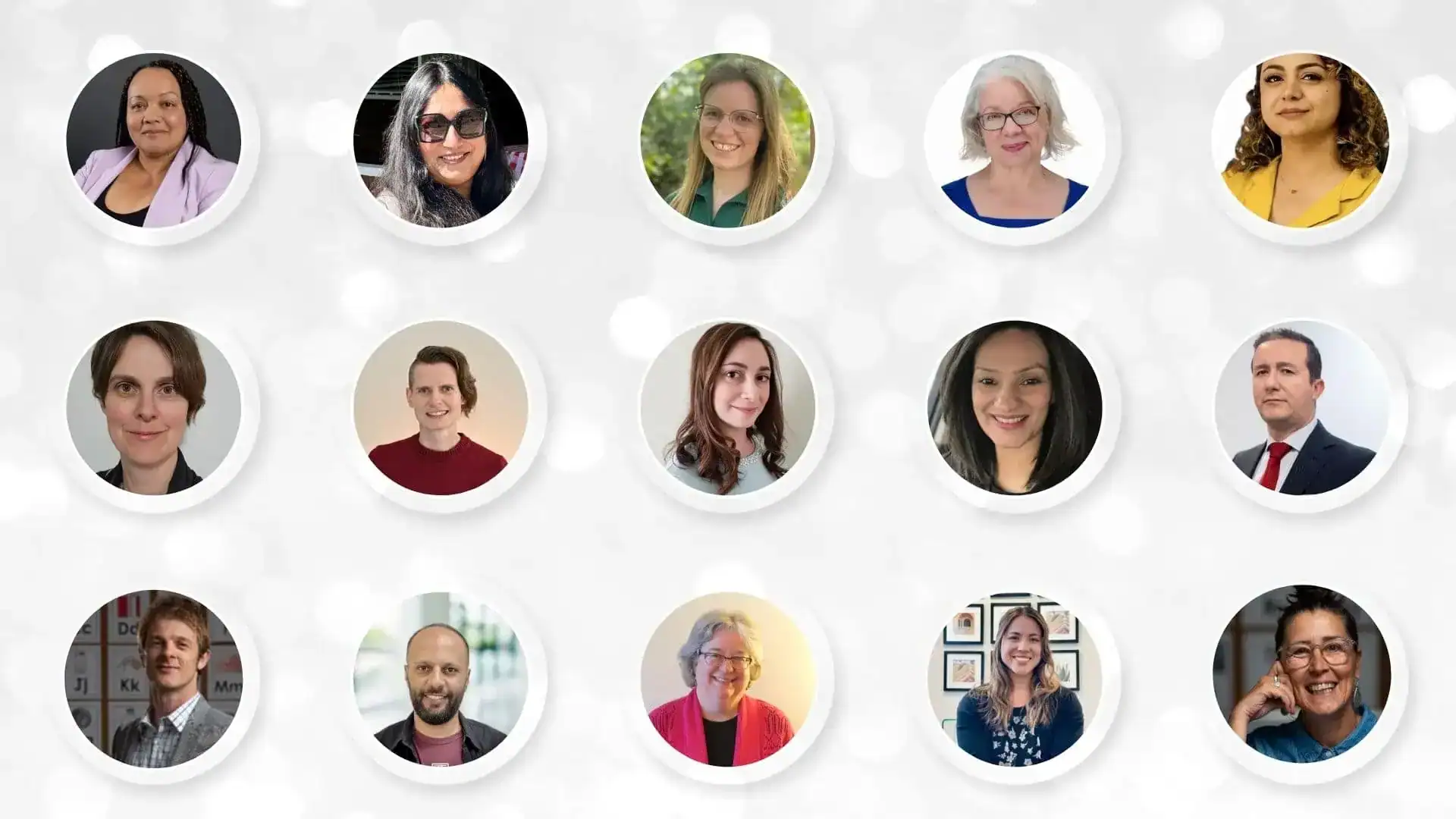 A grid of fifteen circular headshots featuring diverse men and women, each smiling or looking pleasantly at the camera, represents the Literacy Centre of Expertise, displayed against a light, blurred background.